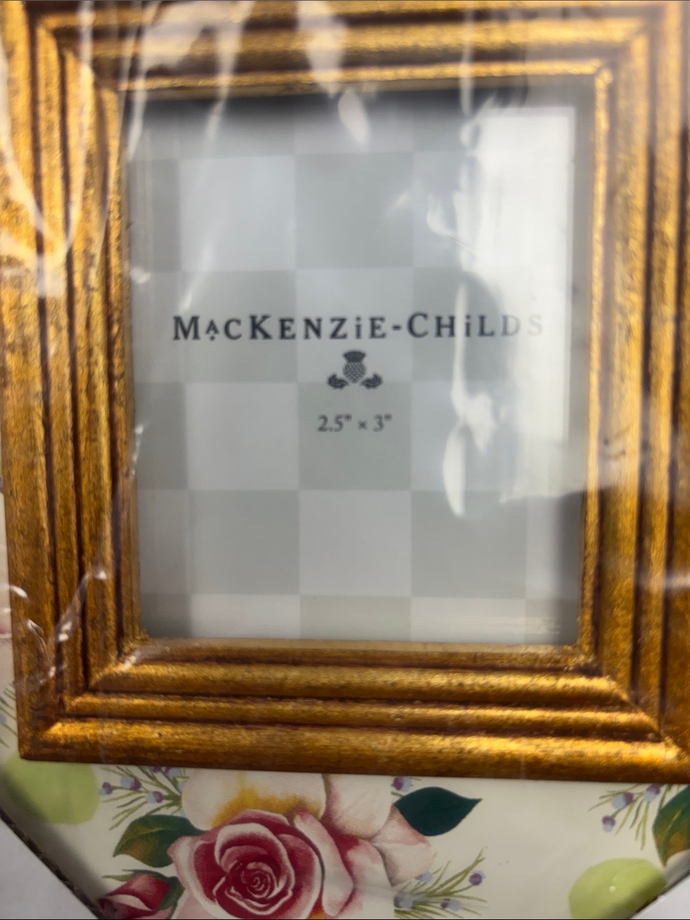 MacKenzie-Childs Gold Floral Frame with Pink Roses and Green Polka Dots - Picture 6 of 8